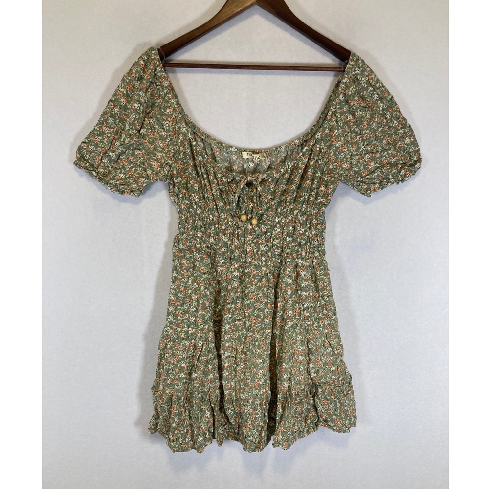 Cottagecore Liberty Love Women Large Green Floral Smocked Puff Sleeve Mini Dress
